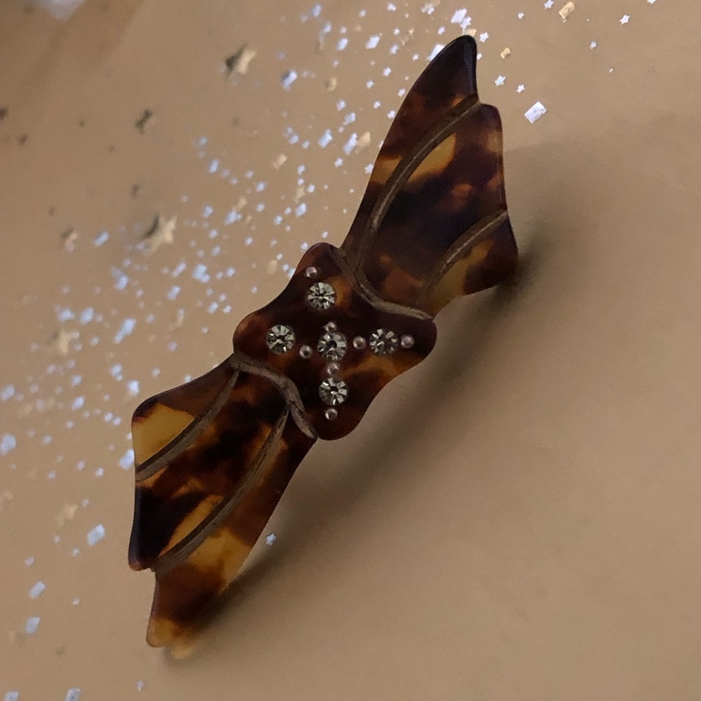 Vintage Brooch - Tortoise Shell Rhinestone Bow, 1950’s - Picture 7 of 8
